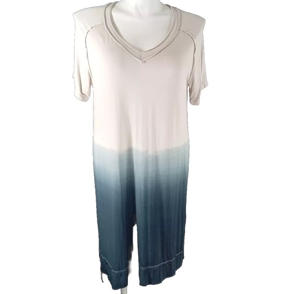 La Miel Dress LARGE Cream Blue Ombre Maxi Shift V Neck Stretch Comfy